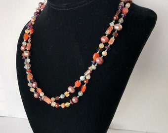 Multicolor Earth Tones Beaded Necklace , Twisted Double Strand Bead Necklace With Pearls Agate and Seed Beads , 19.75 Inch Beaded Necklace