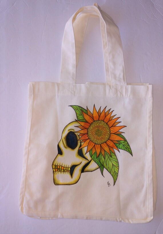 Hand Painted Skull Tote Bag: Sunflower Art, Reusable Canvas Bag