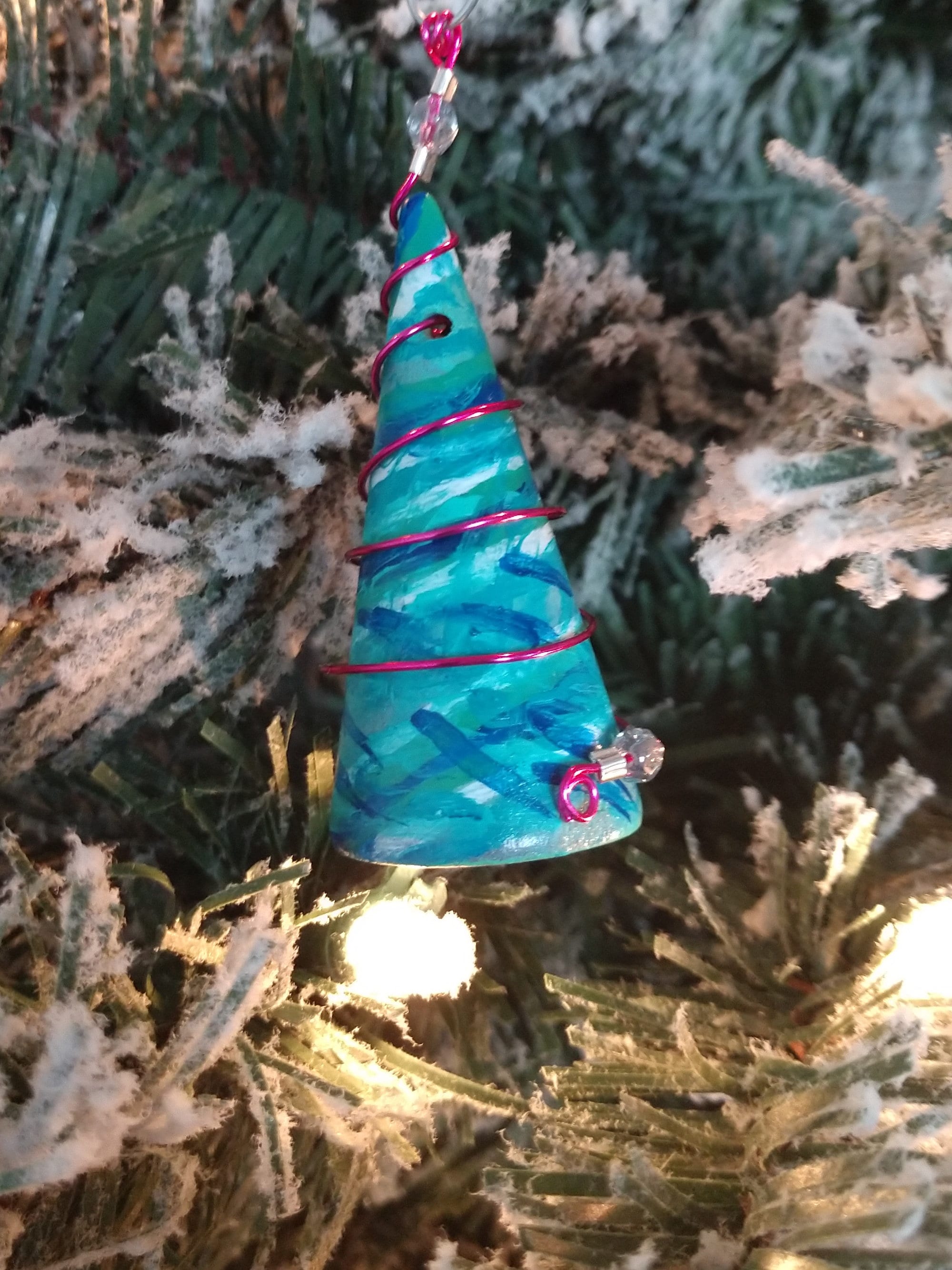Hand Painted Teal Blue Christmas Tree Shaped Wooden Ornament With Pink