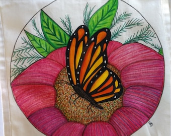 Butterfly Tote Bag , Reusable Canvas Grocery Bag With Hand Painted Orange and Black Butterfly on a Pink Flower with Green Leaves 14x13x7 IN.