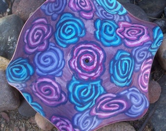 Hand Painted Bowl Record Bowl With Abstract Flowers in Pink Purple and Blue on Inside and Brown Basket Style Pattern on Outside 10x9 inches