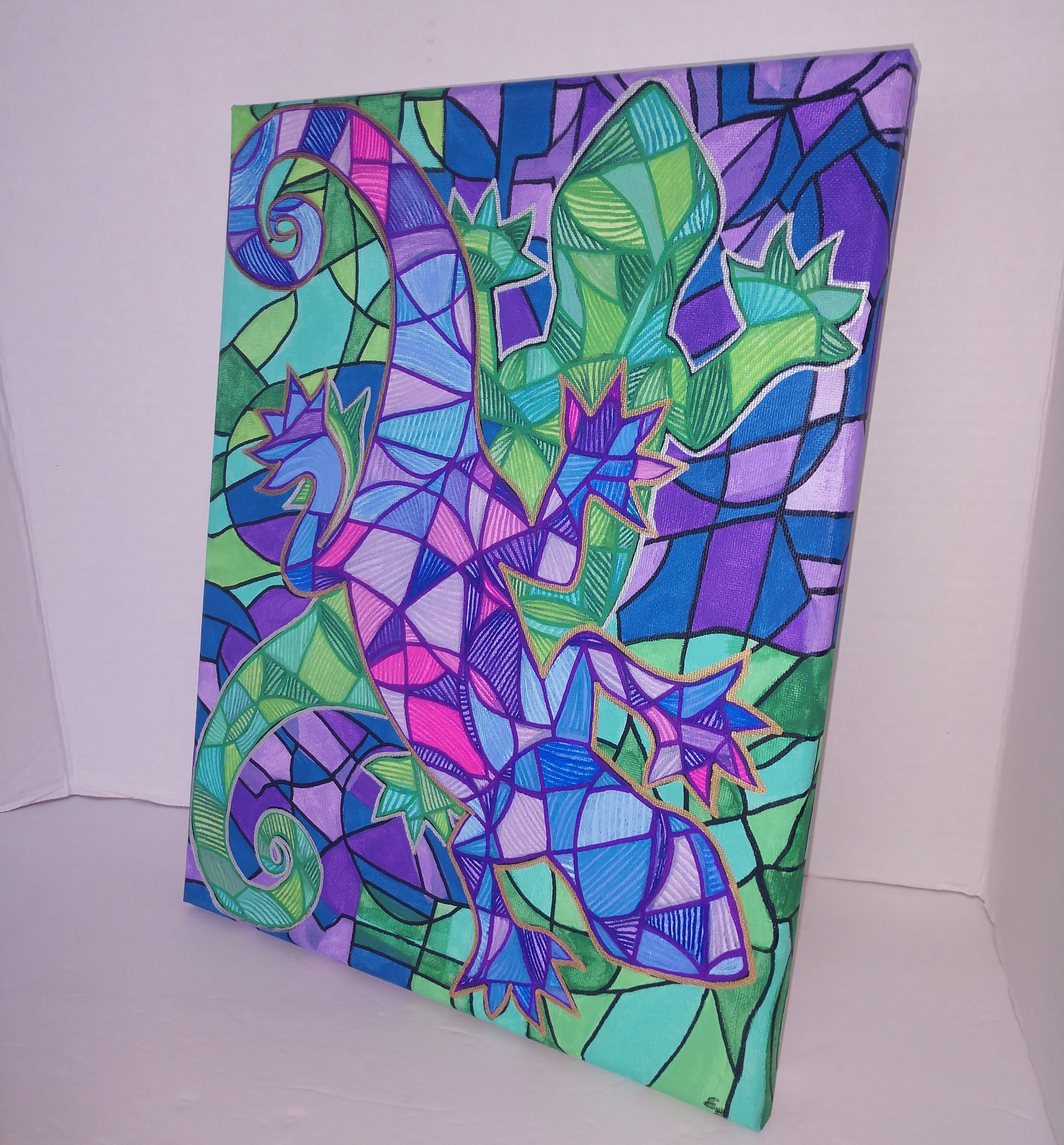 Painting of Geckos , Abstract Style Artwork of Purple and Green Geckos ...