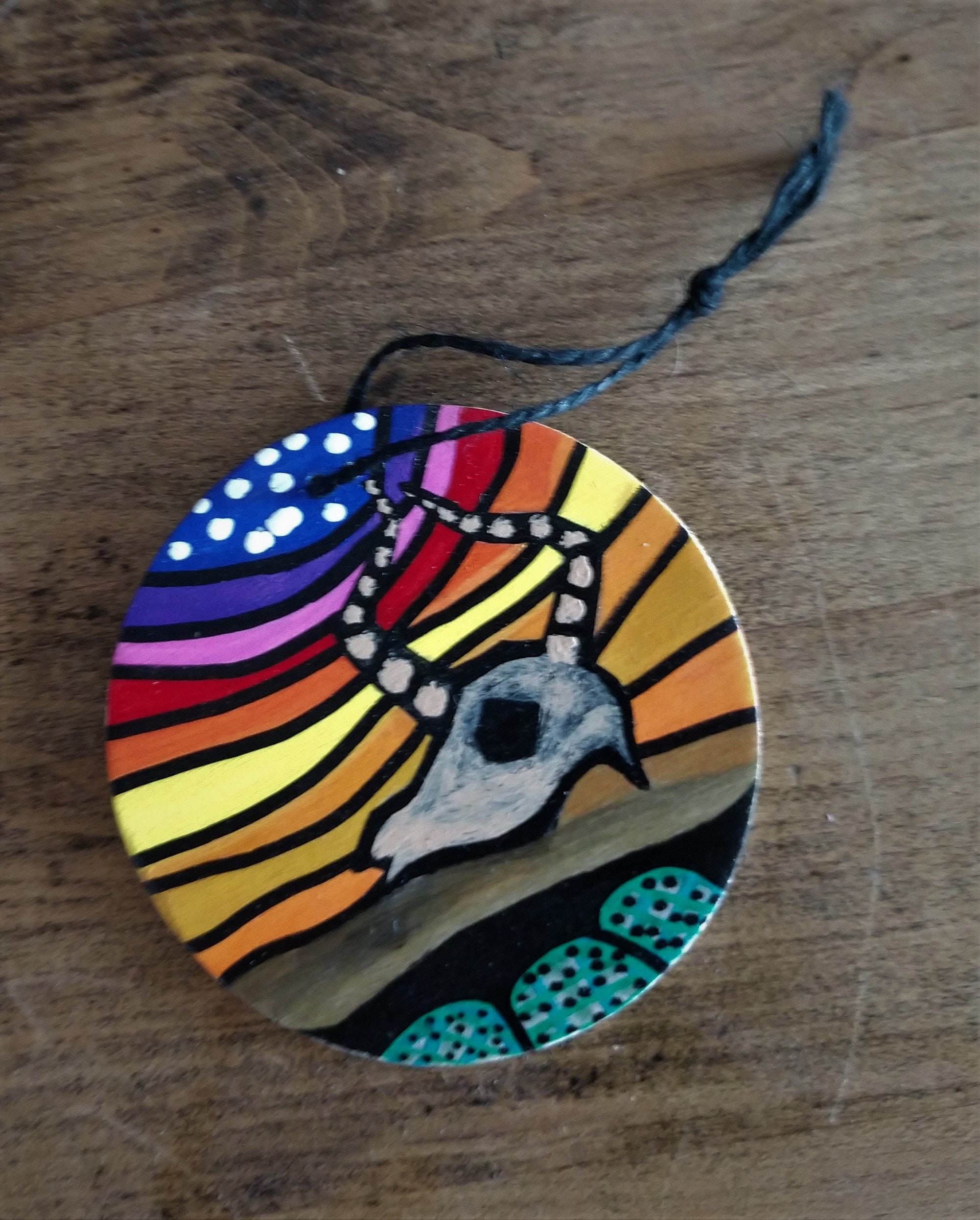 Hand Painted Cow Skull Christmas Ornament on 3x3 Wooden Disc and Black