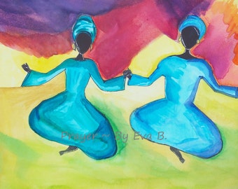 Handmade Watercolor Painting: Two Women in Prayer, Abstract Art (9x12)