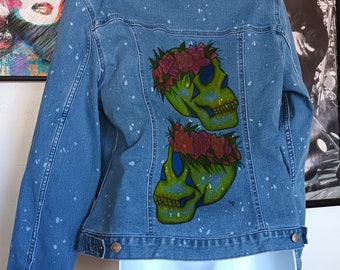 Stretch Denim Jacket With Two Hand Painted Skulls and Roses , Jean Jacket With Yellow Skulls and Pink and Orange Rose Art Women L 12/14 NWT