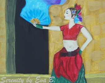 Painting Of Belly Dancer With Purple and Blue Fan and Red and Green Dress , Painting Of Folk Dancer With Yellow Background On 8x10 Canvas