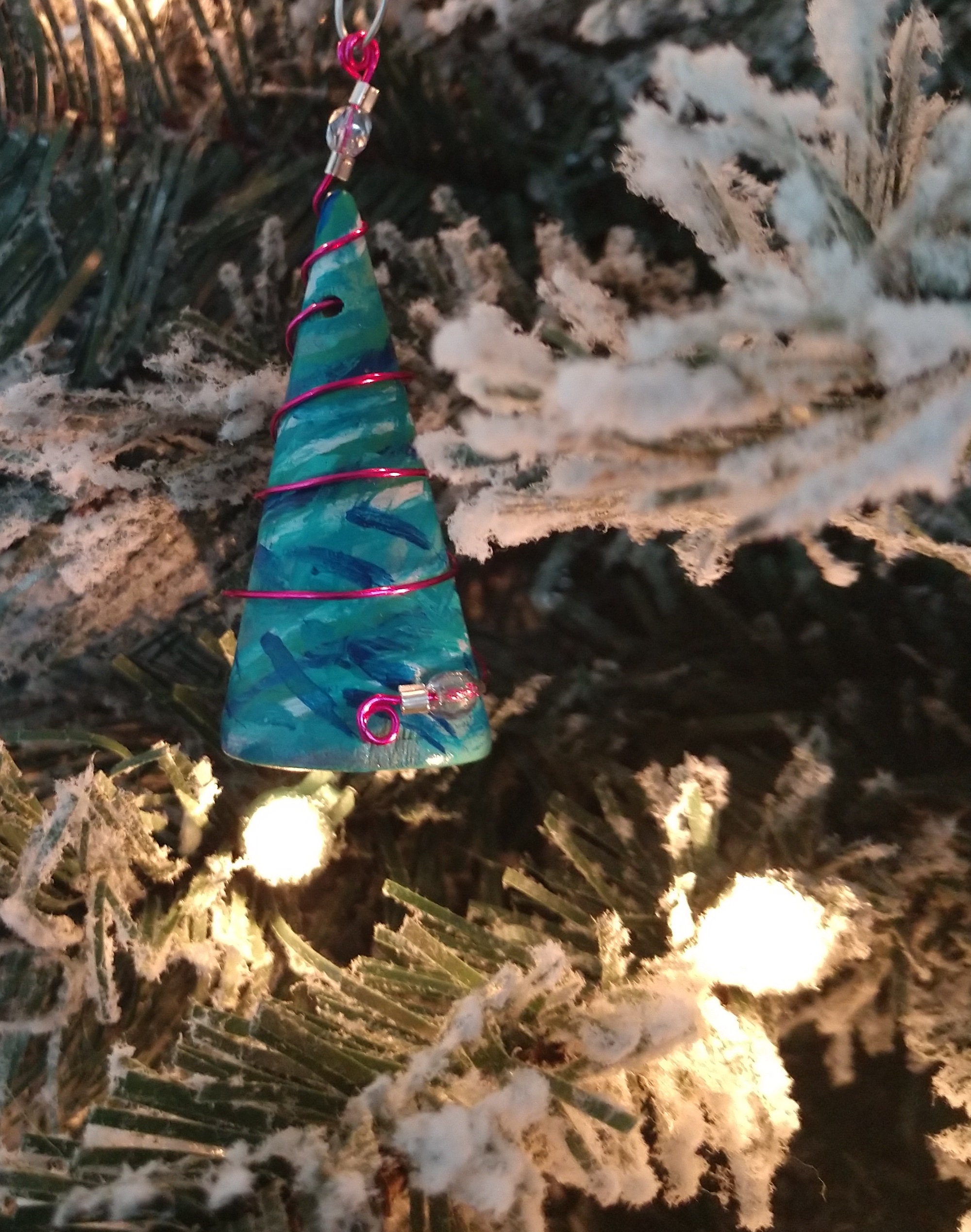 Hand Painted Teal Blue Christmas Tree Shaped Wooden Ornament With Pink