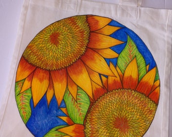 Sunflower Print Tote Bag , Canvas Bag With Hand Painted Sunflowers  , Reusable Shopping Bag With Hand Drawn Floral Artwork 14x13x7 inches