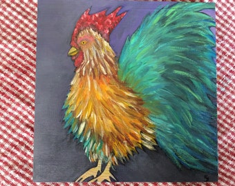 Painting Of A Rooster On Wood Canvas , Hand Painted Box With Welsummer Rooster Art ,  Bantam Rooster Artwork on 8x8 Wooden Square Canvas