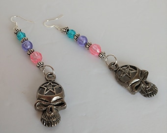 Skull Earrings With Silver Tibetan Skull Charms and Plastic Beads In Shades Of Blue Pink And Purple , Fishhook Earrings For Dia De Muertos