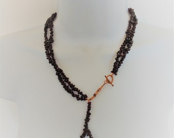 Garnet Statement Necklace With Dark Red Raw Garnet Beads and Copper Plated Front Toggle Closure , 19.5 Inch Double Strand Garnet Necklace