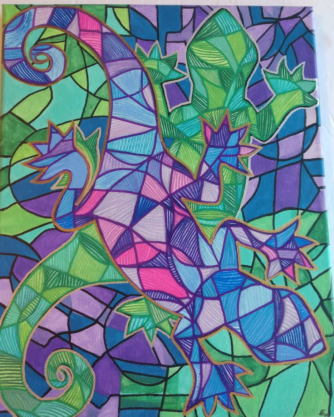 Painting of Geckos , Abstract Style Artwork of Purple and Green Geckos ...