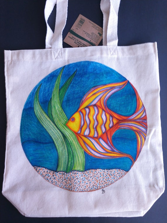 Angelfish Tote Bag , Reusable Bag With Hand Painted Orange and