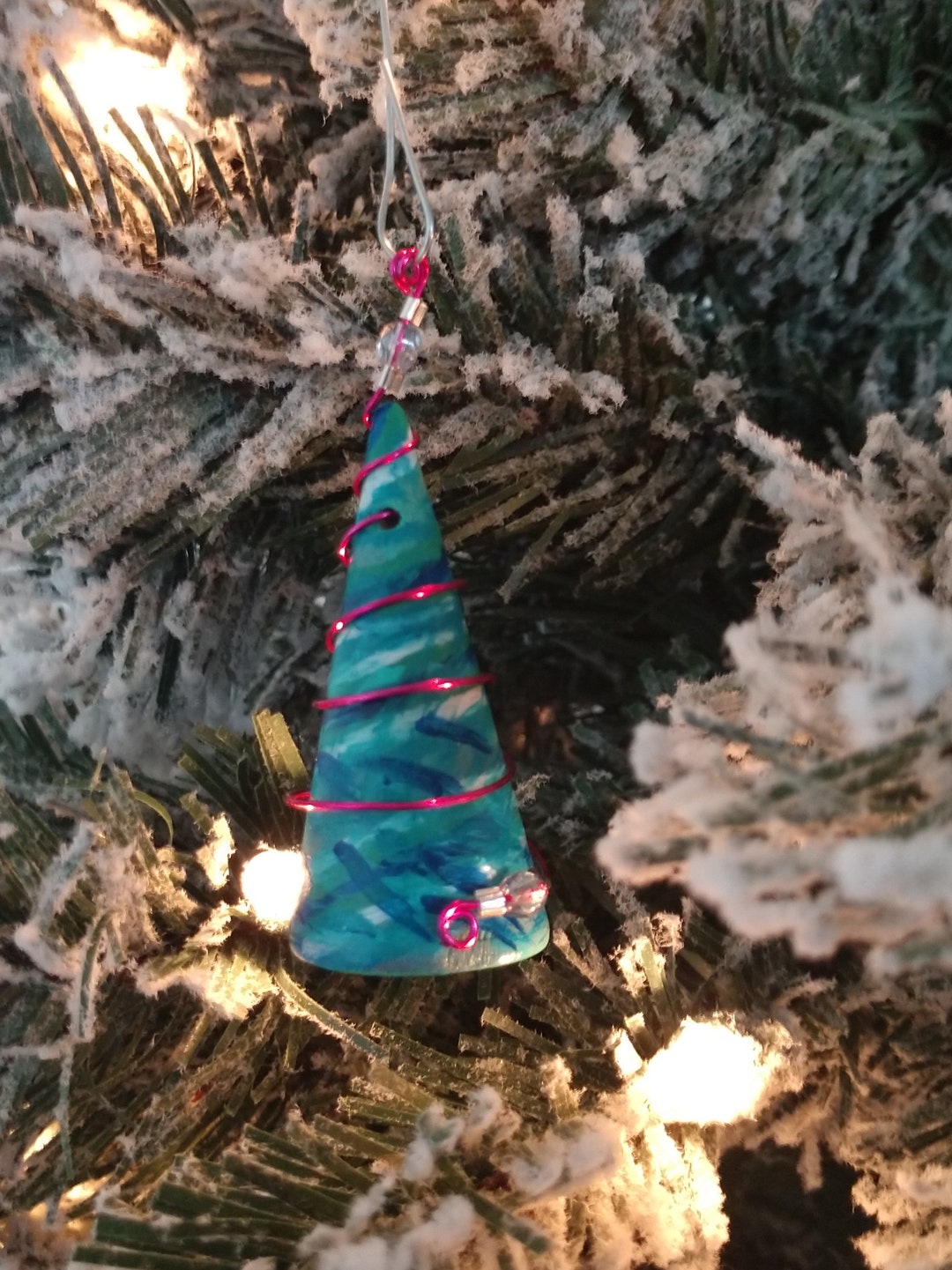Hand Painted Teal Blue Christmas Tree Shaped Wooden Ornament With Pink