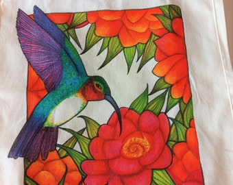 Hummingbird Tote Bag , Reusable Canvas Tote Bag With Hand Painted Green and Pink Hummingbird Feeding in Orange and Red Flowers 14x13x7 Inch