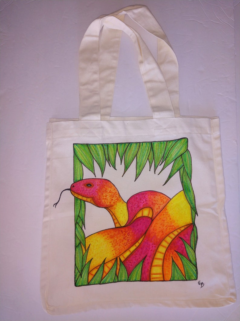 Snake Print Tote Bag , Canvas Bag With Hand Drawn Pink and Yellow Snake