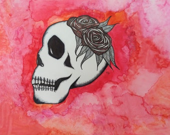 Skull with Flowers Watercolor Painting: Black Ink Drawing (15x11 Paper)