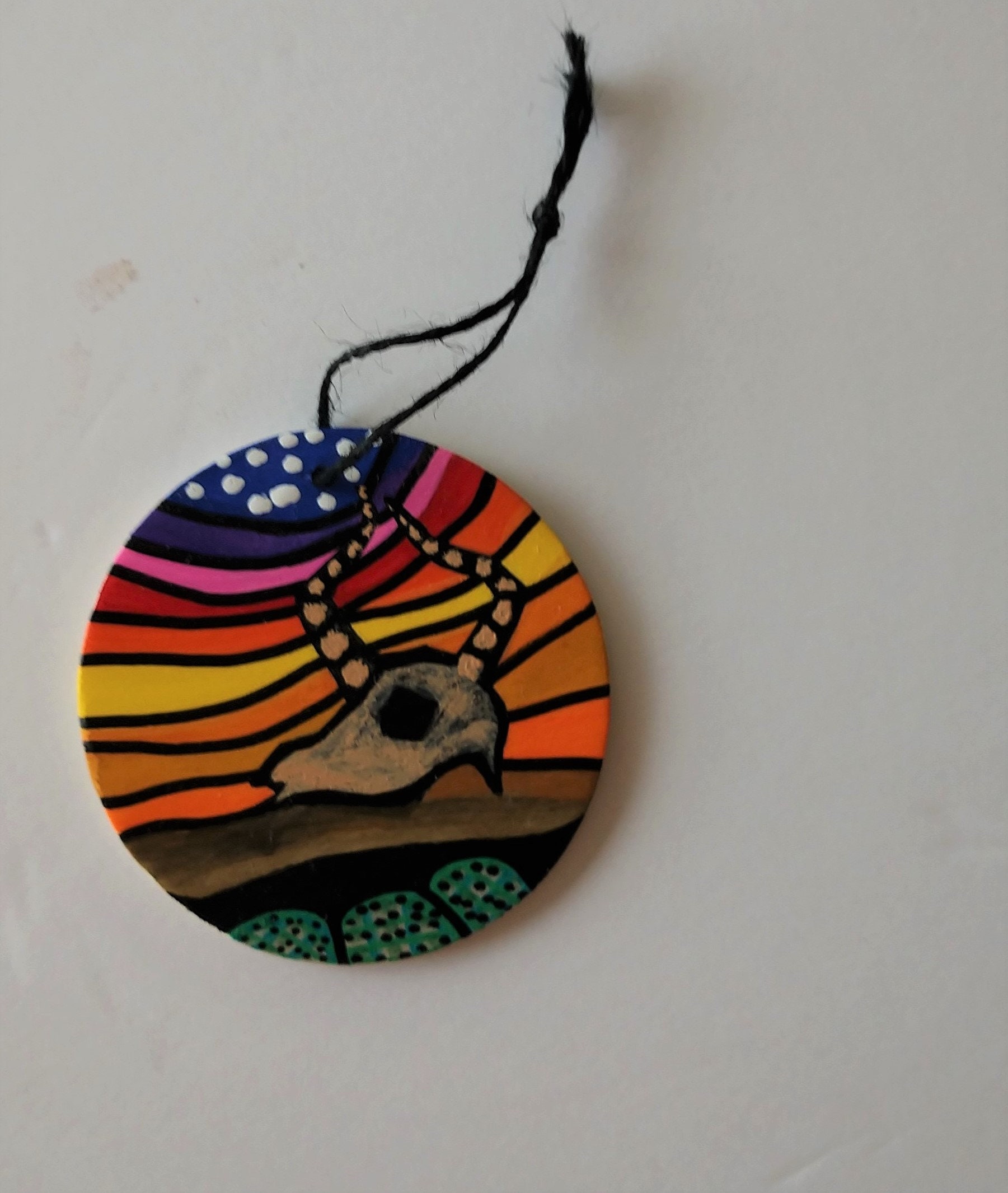 Hand Painted Cow Skull Christmas Ornament on 3x3 Wooden Disc and Black