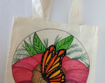 Hand-Painted Butterfly Canvas Tote Bag: Floral Reusable Grocery Bag