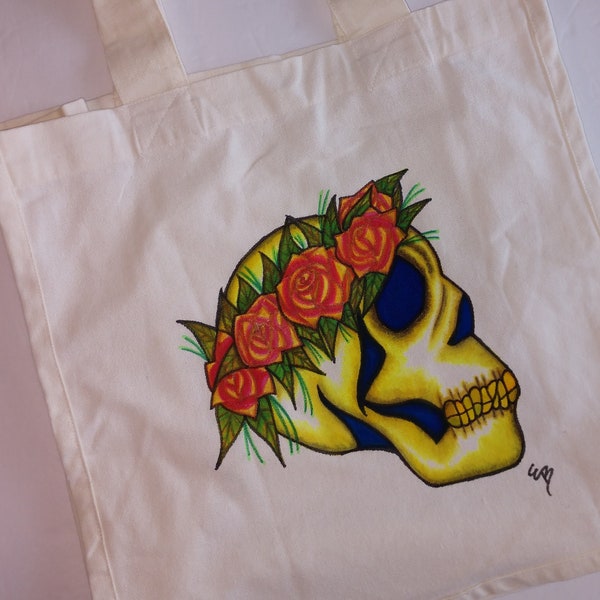 Skull Print Tote Bag , Canvas Bag With Hand Painted Skull with Red and Yellow Roses and Green Leaves ,  Tote Bag With Artwork 14x13x7  Inch