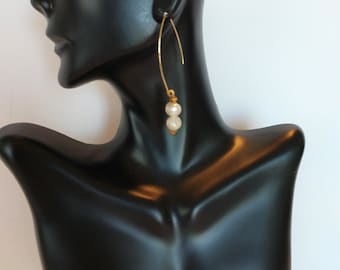 Pearl Dangle Earrings With 2 White Baroque Style Pearls Mounted on each Gold Tone Brass Boomerang Ear Wire 2.5 Inches Long Hand Crafted NWT