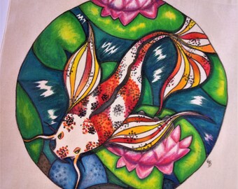Hand-Painted Koi Fish Tote Bag: Lotus Pond Reusable Canvas Bag