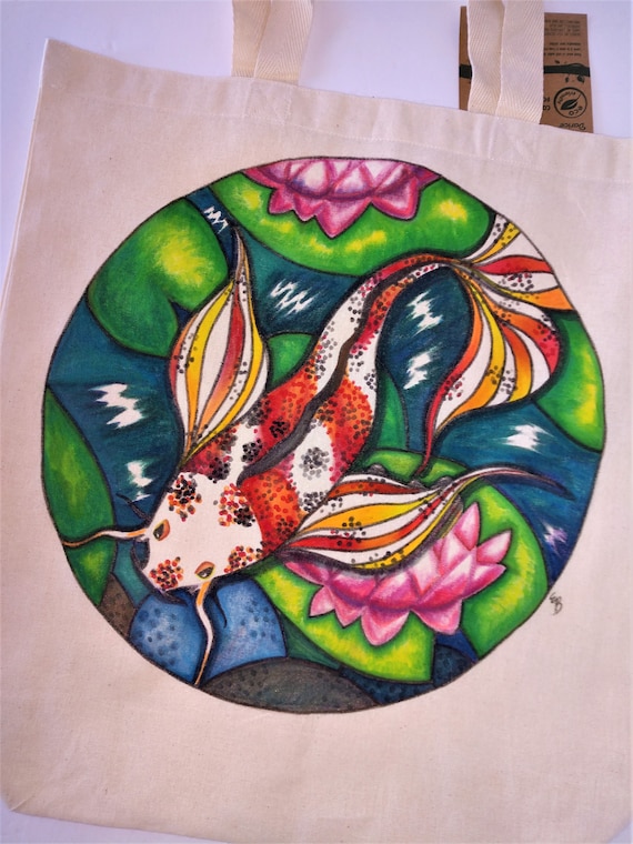 Hand-Painted Koi Fish Tote Bag: Lotus Pond Reusable Canvas Bag