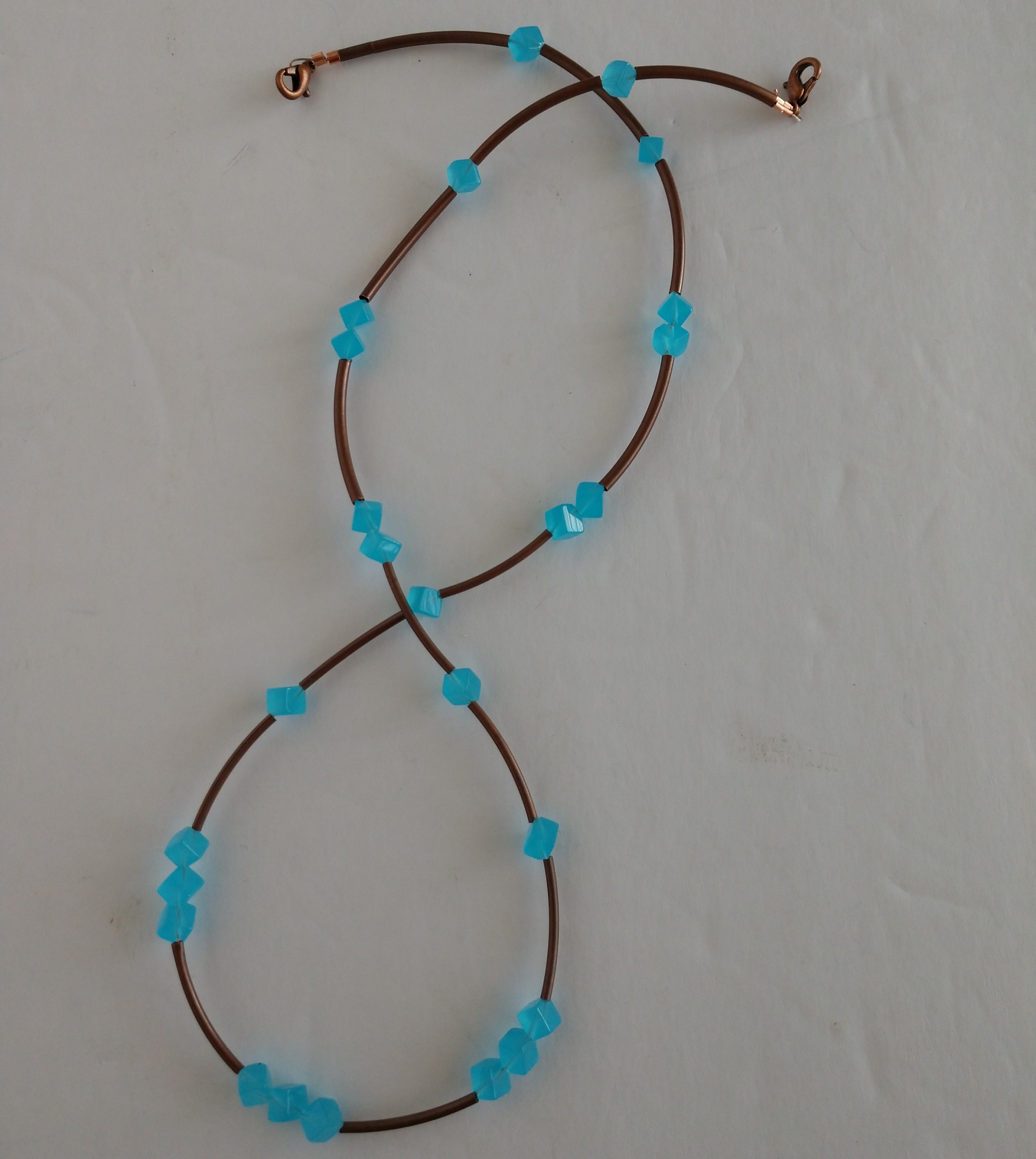 Brown and Blue Necklace , Blue and Brown Necklace , Single Strand Necklace With Aqua Blue Cube ...