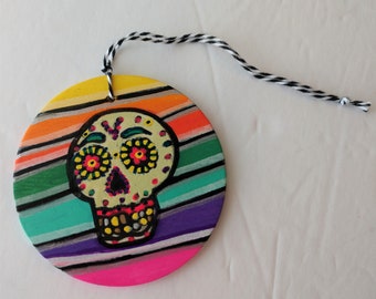 Sugar Skull Ornament For Dia De Los Muertos , Day Of The Dead Decoration , Hand Painted Wooden Ornament On Black and White Twine Hanger