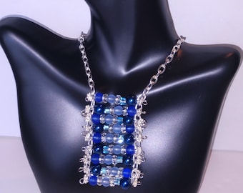 Blue Agate Beaded Statement Necklace: Silver Tone Chain