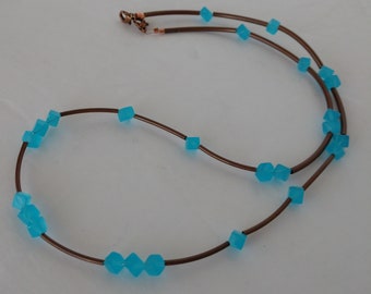 Brown and Blue Necklace , Blue and Brown Necklace , Single Strand Necklace With  Aqua Blue Cube Shaped Beads and Copper Coated Brass Tubes