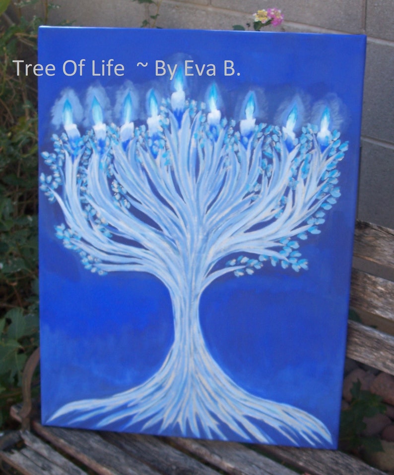 Menorah Painting Tree Of Life Painting Tree Art Blue and Etsy
