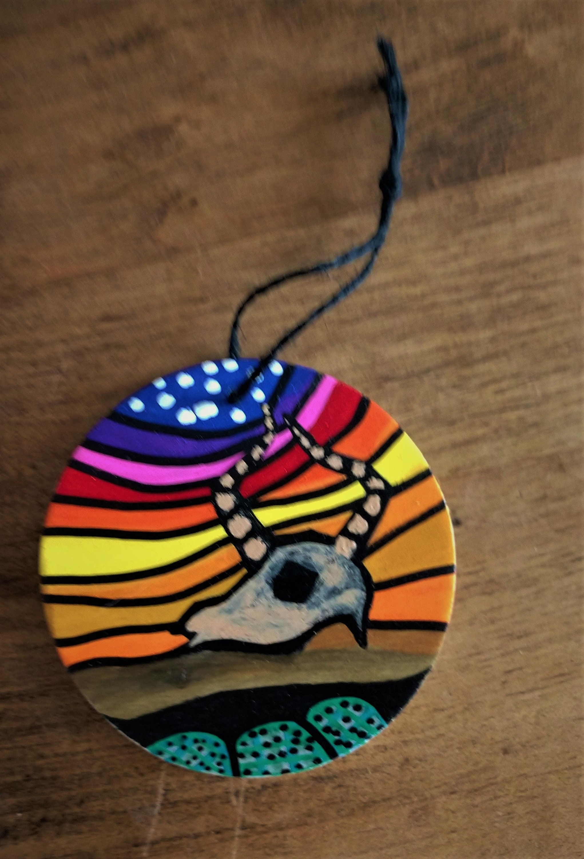Hand Painted Cow Skull Christmas Ornament on 3x3 Wooden Disc and Black