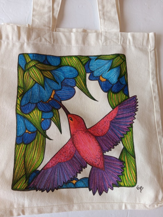 Hummingbird Tote Bag Reusable Canvas Bag With Hand Painted Pink