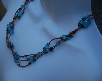 Aqua Blue Glass Bead Necklace: Copper Plated, Three Strand