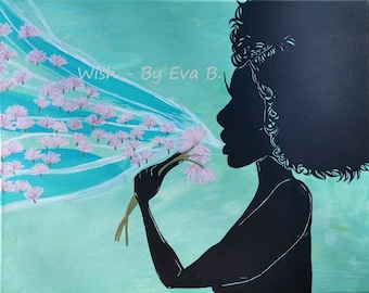 Silhouette Woman Dandelion Wish Painting: Abstract Acrylic Art on 16x20 Canvas
