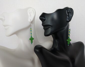 Green Stone Cross Earrings: Beaded Día De Muertos Style 2.25 Inch