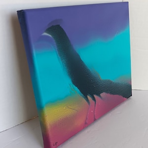 Grackle Bird Painting: Abstract Acrylic Spray Art, 10x8 Canvas