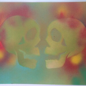Rainbow Colors Skulls Painting , Colorful Painting of Skull Silhouettes on Paper , Abstract Multicolor Skull Art On Watercolor Paper  15x11