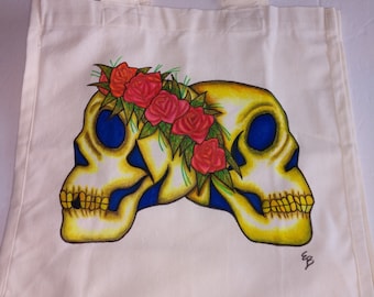 Skull Tote Bag , Canvas Bag With Hand Painted Skulls with Red and Pink Roses and Green Leaves , Reusable Bag With Skulls and Flowers 14x13x7