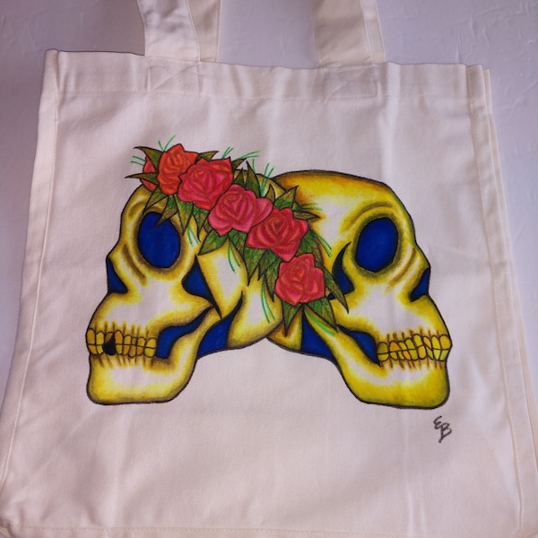 Skull Tote Bag , Canvas Bag With Hand Painted Skulls with Red and Pink Roses and Green Leaves , Reusable Bag With Skulls and Flowers 14x13x7