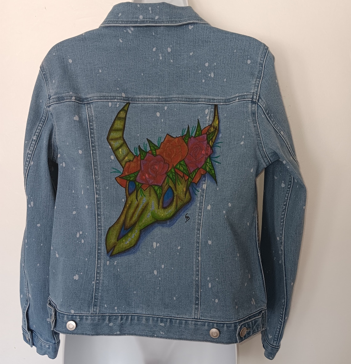 Hand Painted Jeans Jacket With Pink Roses and Yellow Cow Skull , Stretch Denim Women Jacket With