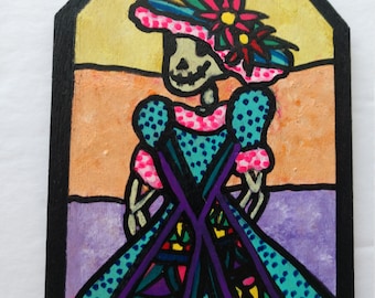 Catrina Ornament For Dia De Los Muertos , Day Of The Dead Skeleton Decoration , Hand Painted Colorful Ornament With Black White Twine Hanger