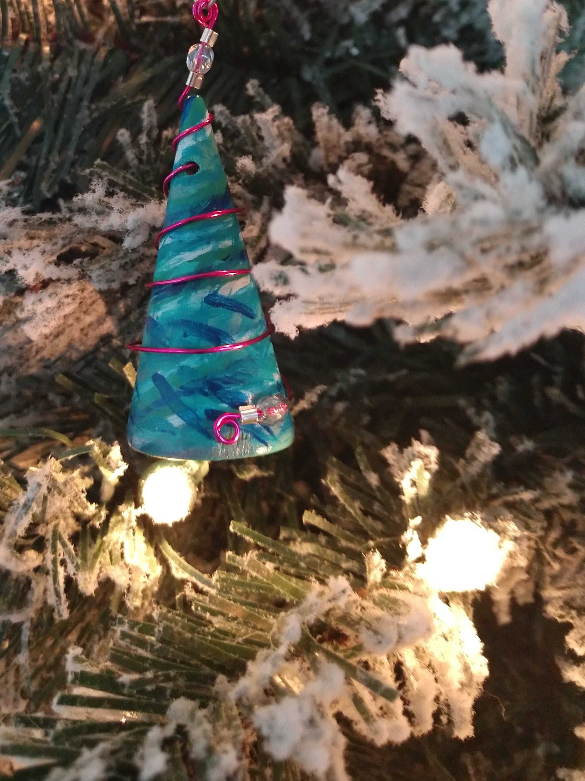 Hand Painted Teal Blue Christmas Tree Shaped Wooden Ornament With Pink