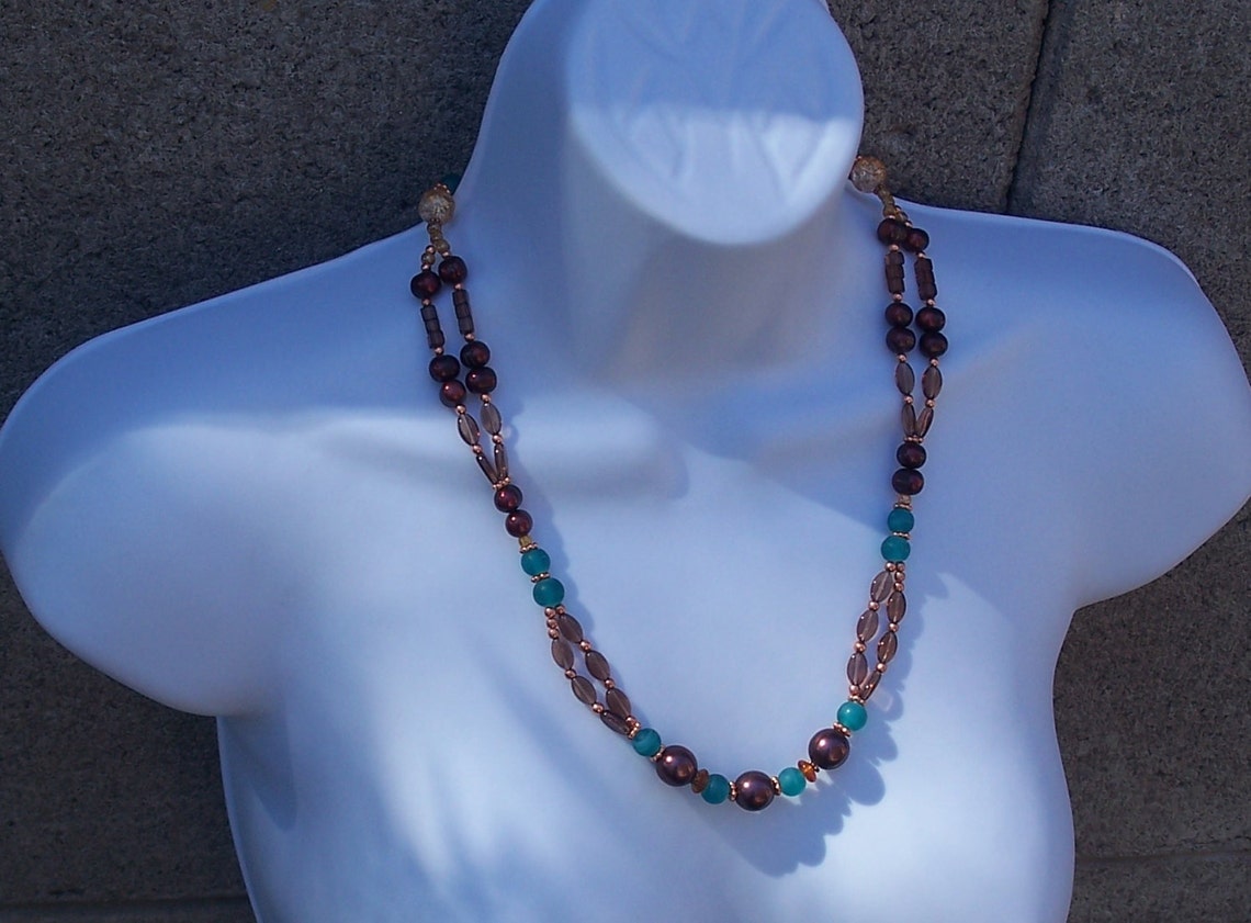 Blue and Brown Beaded Necklace , Southwestern Desert Colors BOHO