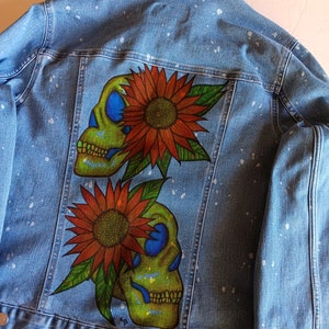 Hand-Painted Denim Jacket: Yellow Skulls & Sunflowers, Women&#39;s L