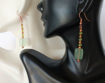Green and Copper Earrings , Pastel Green Earrings With Copper Fishhook Ear Wires , Green Glass Bead Dangle Earrings , Rectangle Bead Earring