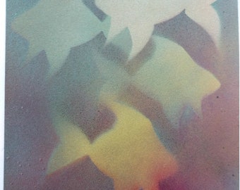 May include: An abstract painting with a layered effect of three fish shapes in shades of white, yellow, and red. The background is a mottled gray with hints of green and purple.