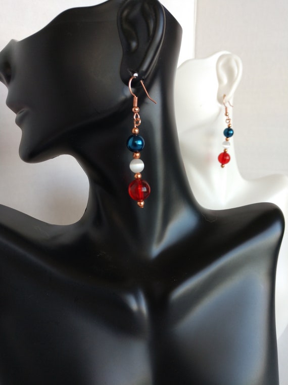 Red White and Blue Beaded Earrings Dangle Earrings With Red Etsy
