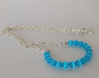 Silver and Blue Necklace , Blue and Silver Hoop Pendant Necklace , Single Strand Necklace With Aqua Blue Agate Beads & Silver Plated Chain